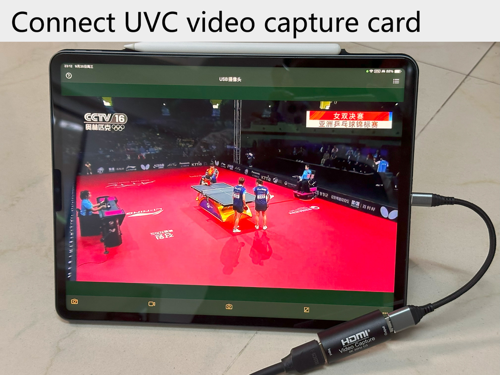 iPad Pro using USB Camera Pro to display a live video feed from an external HDMI capture card