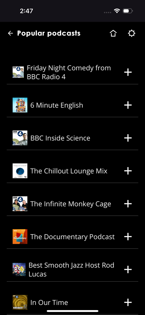 ARCAM Radia - Lista de podcasts populares na interface da aplicação ARCAM Radia