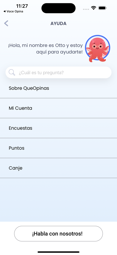 Que Opinas - La sección de ayuda de la aplicación Que Opinas con un personaje de pulpo caricaturizado y categorías de soporte en español