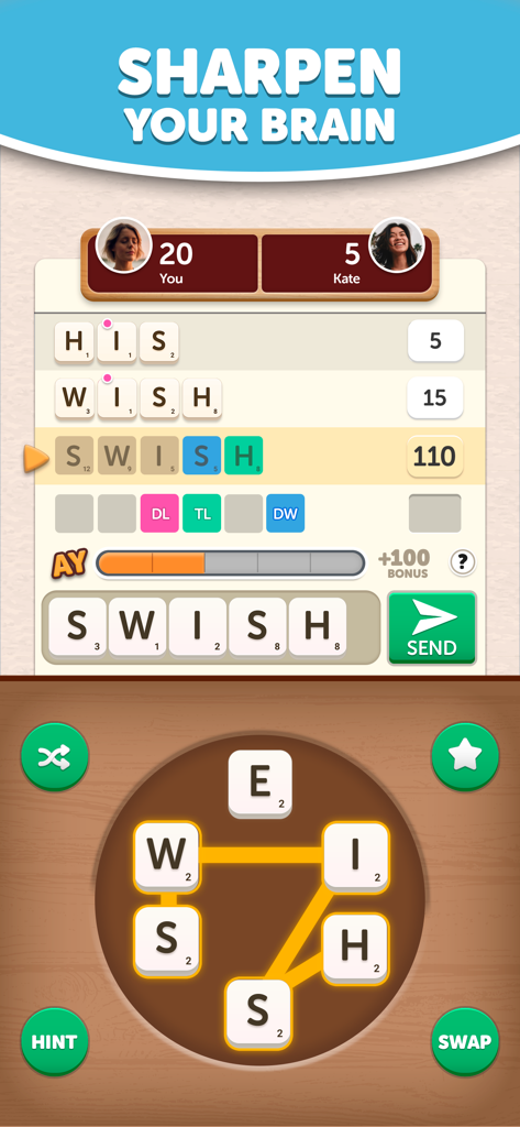 Gameplay screenshot of Anagram Yatzy word game showing a brain training challenge between two players