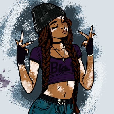 realistic teenage girl with braids and a beanie and crop top doing 🫶🏼