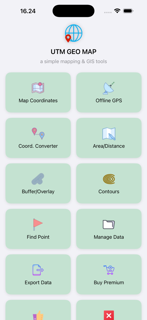 UTM Geo Map Y2Tech - Main menu of the UTM Geo Map app showing professional GIS and land surveying tool modules