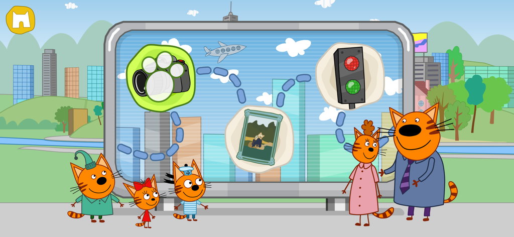 Три Кота: Путешествие Котят! - Kid-E-Cats family standing in front of a city travel board with game icons