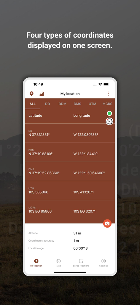 My GPS Coordinates Lite - Interface do aplicativo My GPS Coordinates Lite exibindo múltiplos formatos de coordenadas como DD, DMS e UTM em uma única tela.