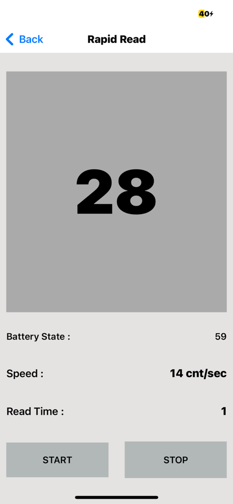 RFR901 APP - L'écran de lecture rapide de l'application RFR901 montrant le nombre d'étiquettes et les métriques de vitesse de numérisation