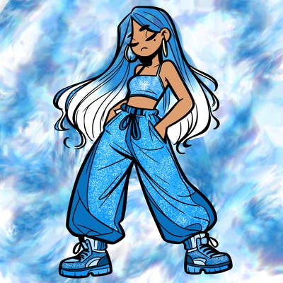 girl in baggy pants crop top and long hair