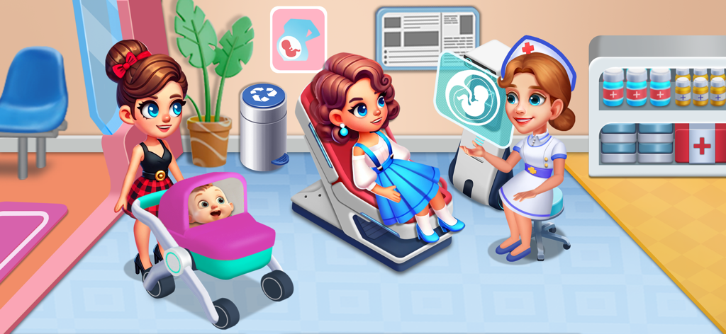 Hospital Dash: Clinic Game - A female doctor showing an ultrasound screen to a patient in a medical clinic room within the Hospital Dash game.