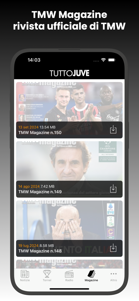 TuttoJuve.com - Digital magazine section of the TuttoJuve app showing multiple downloadable soccer magazine issues