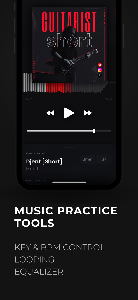 Interfaz de la aplicación Backtrackit que muestra herramientas de práctica musical con control de tonalidad y BPM