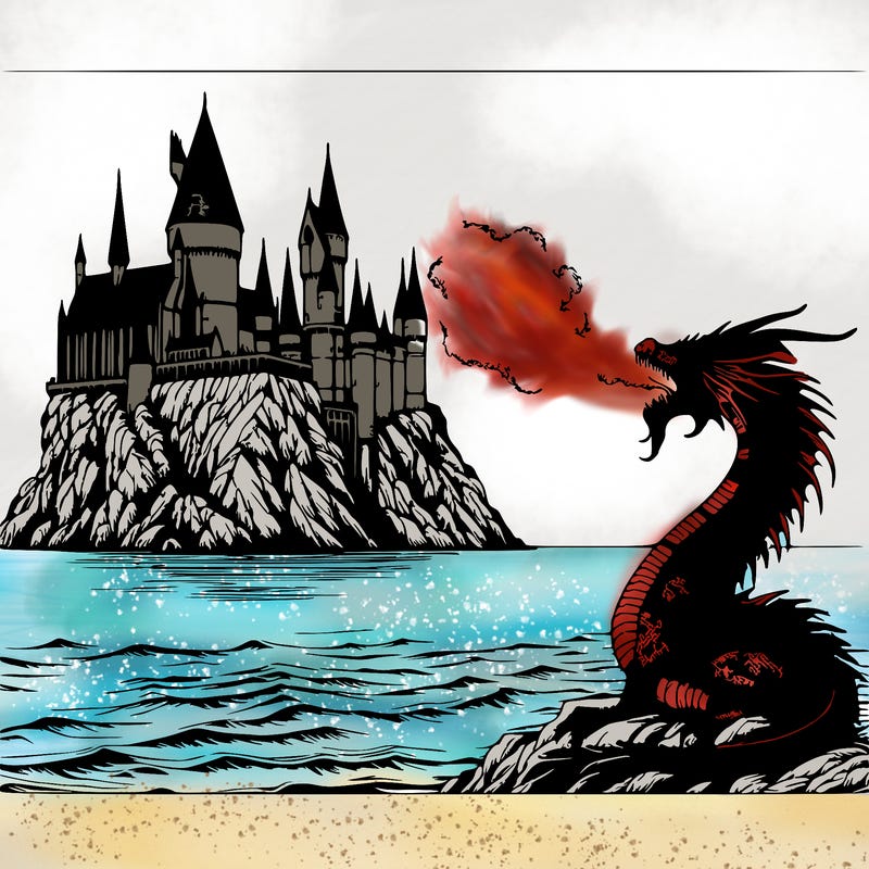 realistic harry potter castle around the ocean with a dragon breathing fire