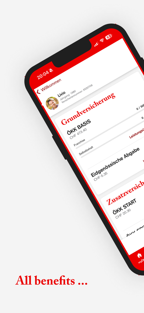 myÖKK 앱의 모바일 화면으로 건강 보험 정책 혜택 및 보장 세부 정보를 보여줍니다