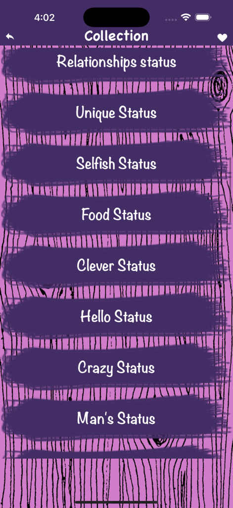 Funny Status Quotes Collection - A screen from the Funny Status Quotes Collection app listing various status categories including Relationships, Food, and Clever status.