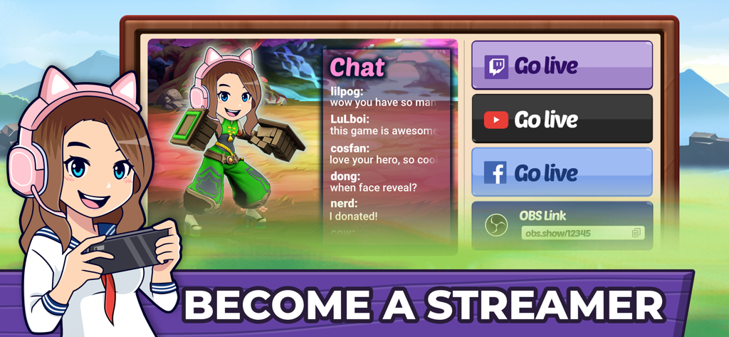 Illustration of a gamer girl with options to livestream the mobile game to Twitch, YouTube, and Facebook