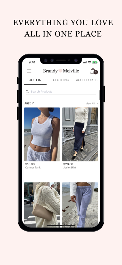 Brandy Melville US - Écran d'accueil de l'application Brandy Melville US montrant la collection de vêtements Just In sur un iPhone
