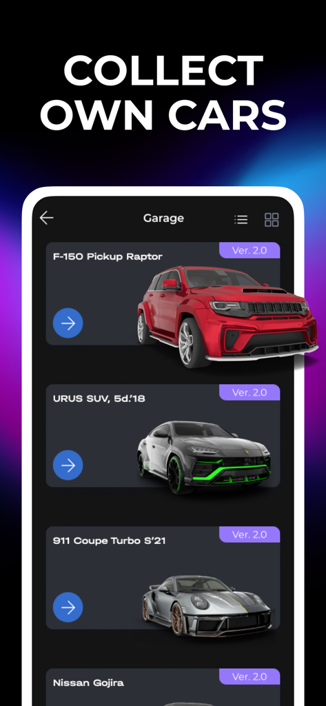 Formacar app interface displaying a virtual garage with a collection of customized 3D car models including a Raptor and a Urus