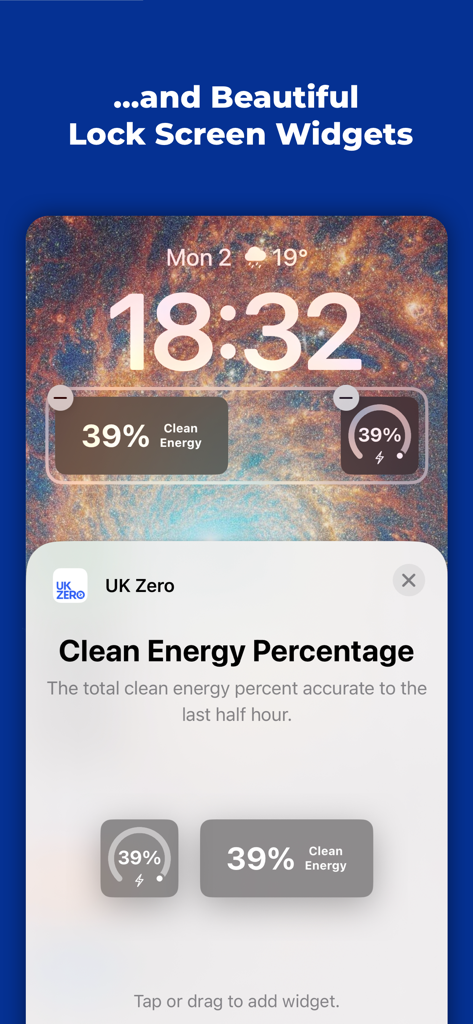 UK Zero: Climate & Energy App - iPhone lock screen featuring clean energy percentage widgets from the UK Zero app