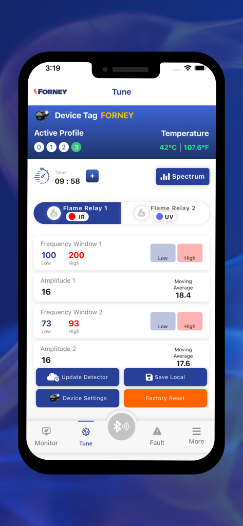 Forney PRO - Forney PRO mobile app interface for tuning industrial flame detector settings and monitoring relay status
