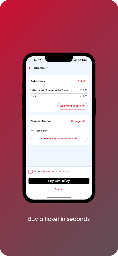 NX Bus mTicket - Checkout screen of the NX Bus mTicket app showing a one-week adult ticket being purchased using Apple Pay