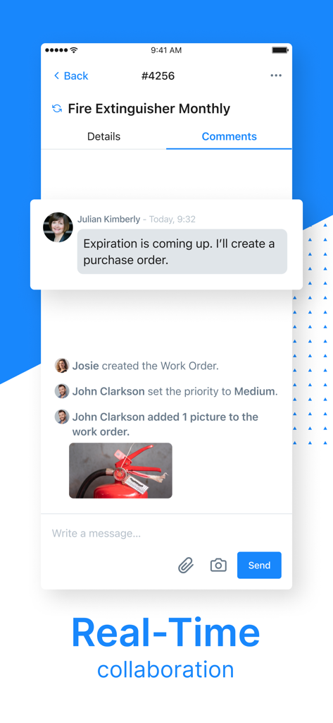MaintainX Work Orders - Screenshot der MaintainX App, der Echtzeit-Zusammenarbeit und Kommentare zu einem Arbeitsauftrag für Feuerlöscher zeigt