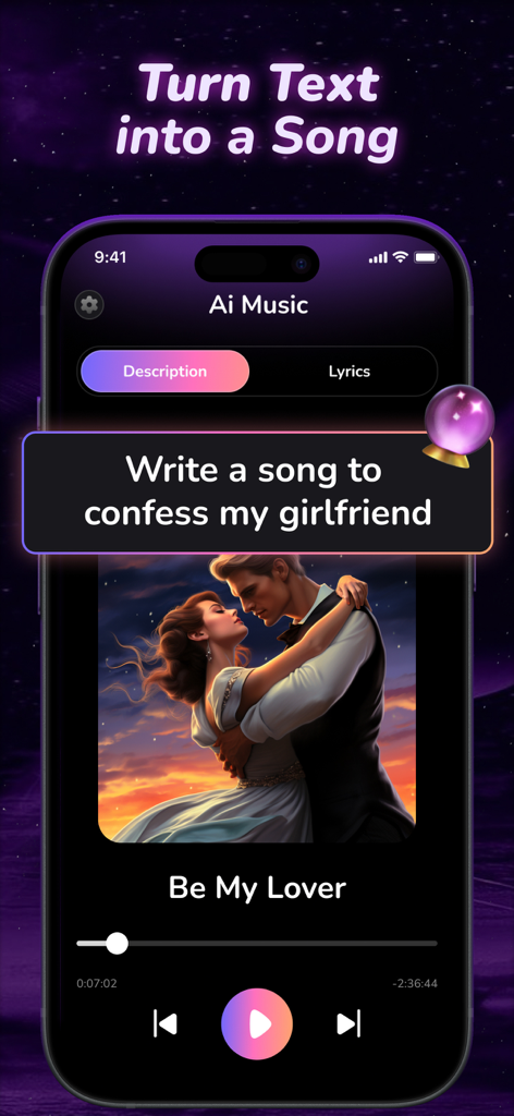 AI Music Maker app interface showing a text prompt being turned into a custom song with AI-generated cover art