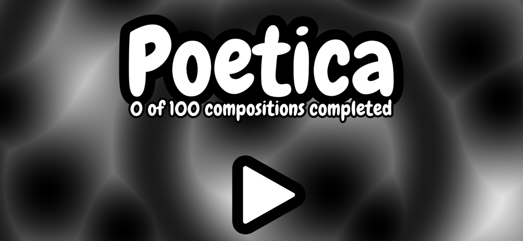 Poetica - Art in Motion - Menú principal de Poetica mostrando un botón de reproducción y un fondo abstracto en blanco y negro