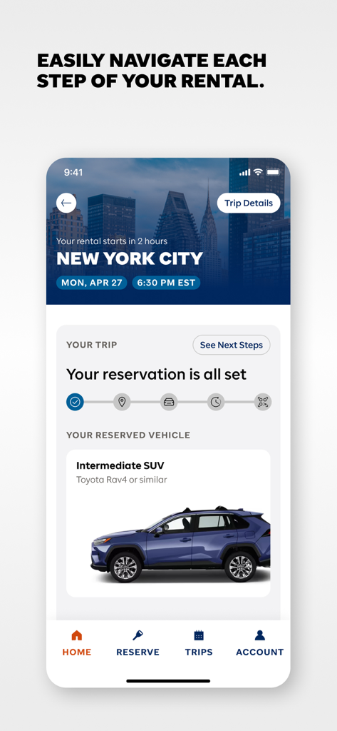Interfaccia dell'app mobile di noleggio auto Budget che mostra una prenotazione confermata per un SUV intermedio a New York City