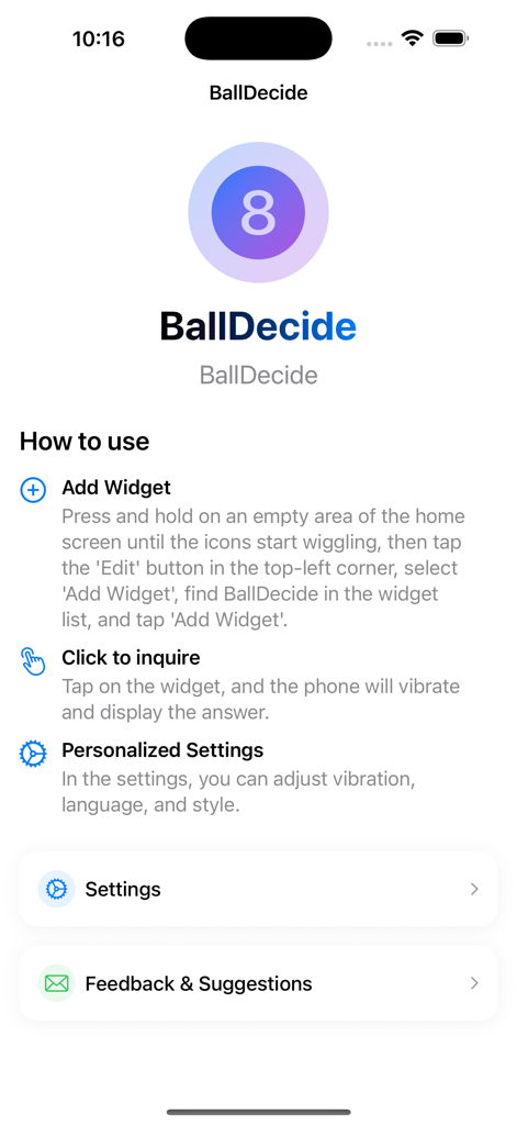 BallDecide-Magic 8Ball Fortune - Screenshot dell'app BallDecide che mostra le istruzioni su come aggiungere widget e personalizzare le impostazioni su iPhone