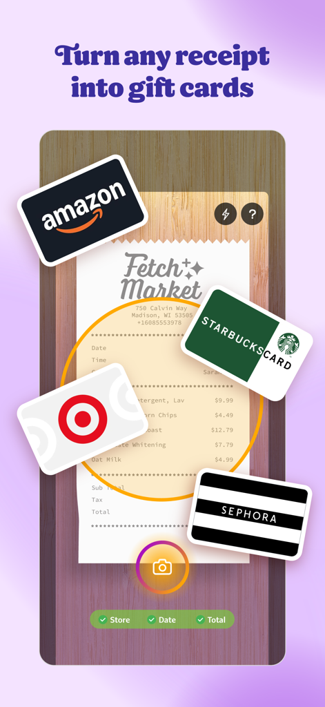 Fetch: America’s Rewards App - Interfaccia dell'app Fetch che scansiona uno scontrino per guadagnare carte regalo Amazon, Starbucks, Target e Sephora