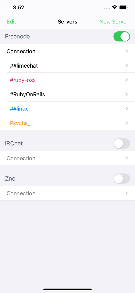 Pantalla de lista de servidores de la aplicación LimeChat que muestra redes y canales IRC conectados, incluidos Freenode y Ruby on Rails.