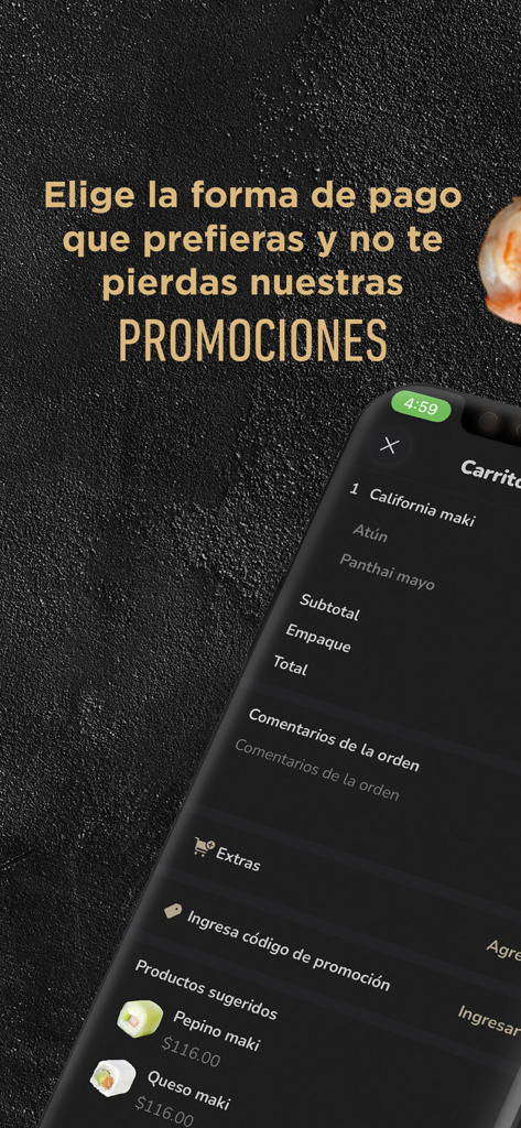 Teikit sushi app checkout screen showing the cart summary with order details and promotional offers