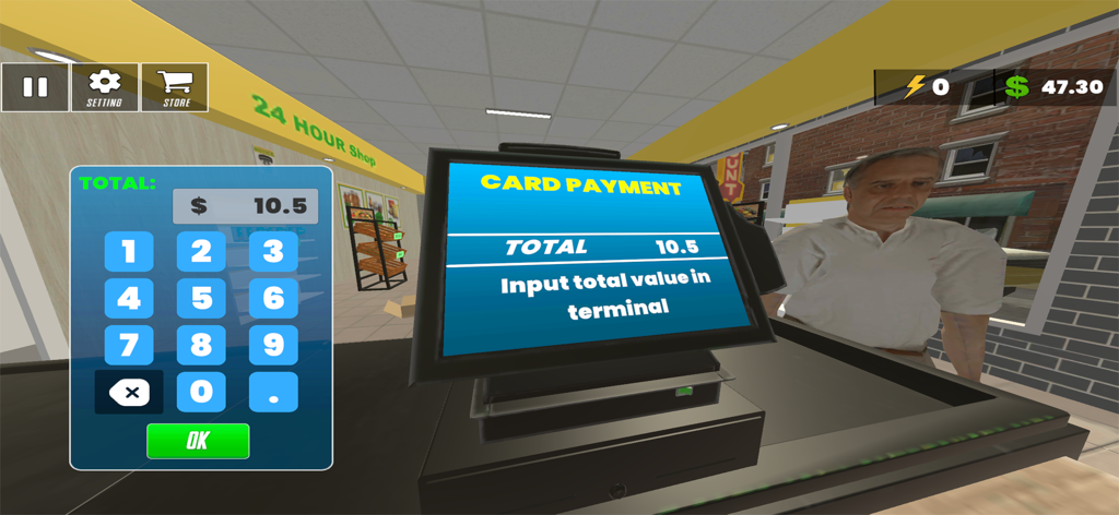Supermart Manager 3D Simulator - Pantalla del terminal de pago con tarjeta en el mostrador de caja de un supermercado.