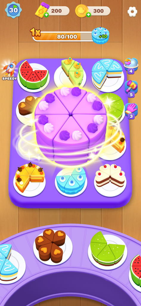 Cake Sort Master-Color Puzzle - Coloridas rebanadas de pastel en 3D siendo clasificadas y unidas en un tablero de rompecabezas.