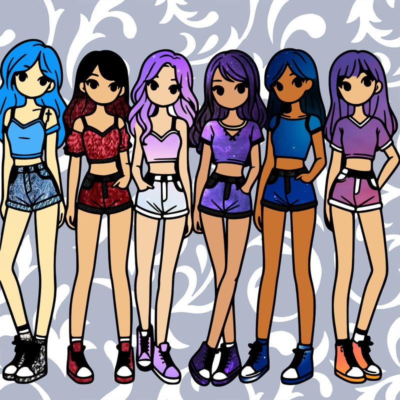 a group of girls wearing crop tops and shorts