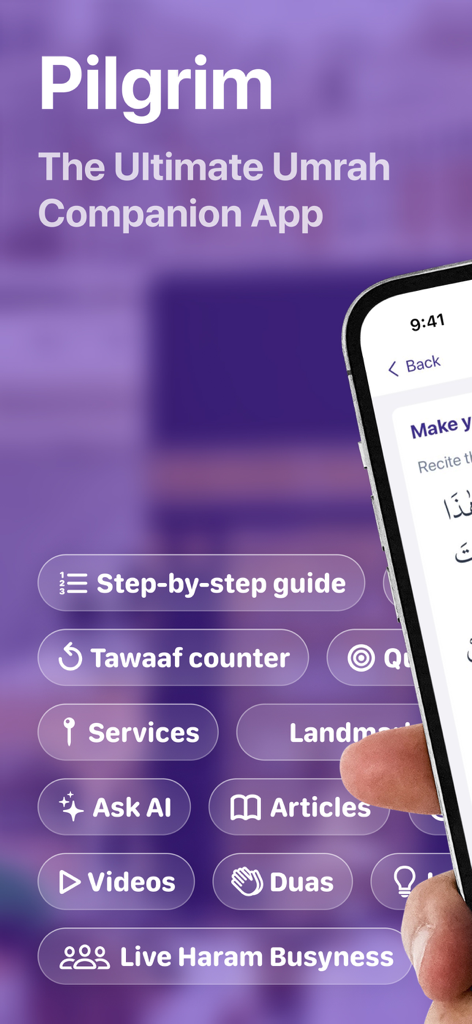 Interfaz de The Pilgrim App que muestra funciones de compañero de Umrah, incluido el contador de Tawaf, Preguntar a IA y la ocupación en vivo del Haram.