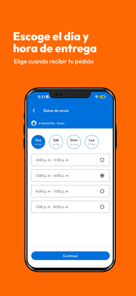 Paiz - Paizアプリのインターフェースには、食料品のオンライン購入のための配送日と時間帯の選択が表示されています