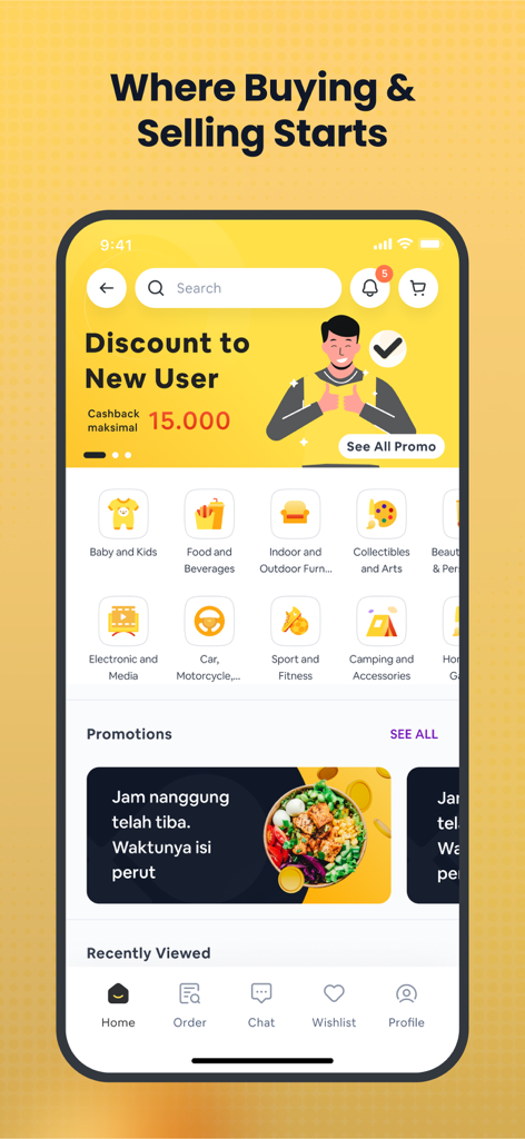 Bee: Be Quick, Be Efficient - La pantalla de inicio de la aplicación móvil Bee con categorías de compras y un banner de descuento promocional para nuevos usuarios
