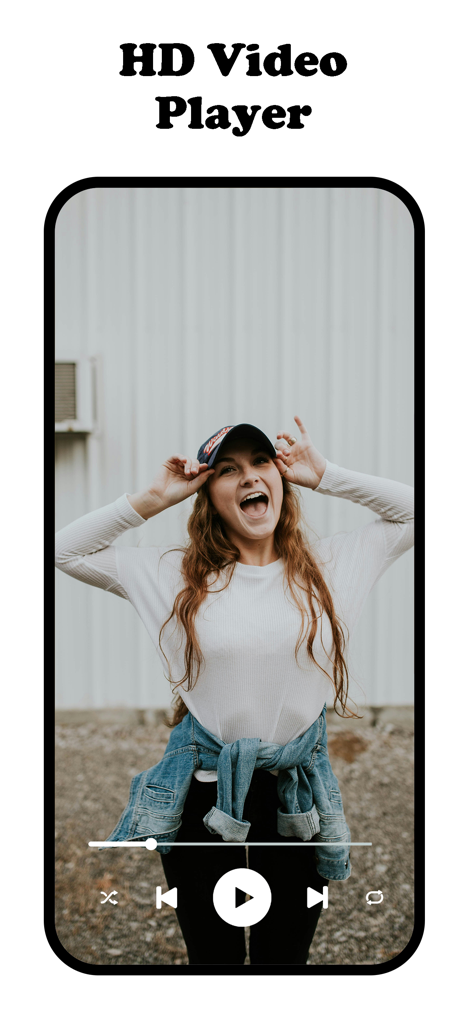 HD Video Downloader App - Smartphone screen showing the HD Video Player interface with playback controls and a woman in a video