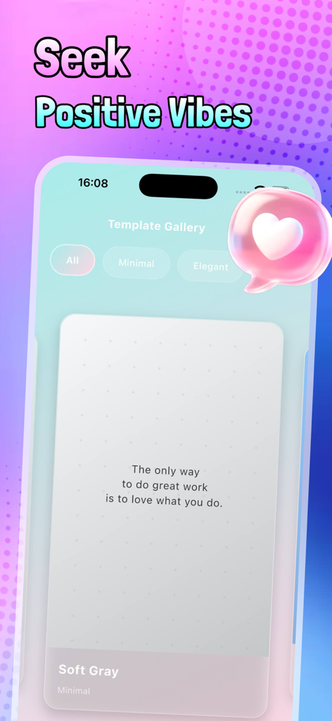 Nexli app interface showing the template gallery with a minimalist quote card that says the only way to do great work is to love what you do
