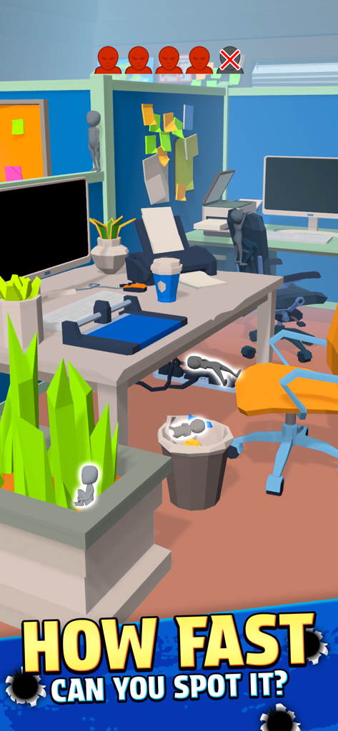 Camo Sniper - Gameplay screenshot of Camo Sniper showing small figures hidden in a low-poly office environment with the text How fast can you spot it