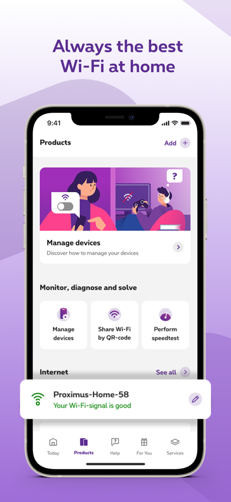 Proximus plus app interface showing home wifi management and device monitoring features
