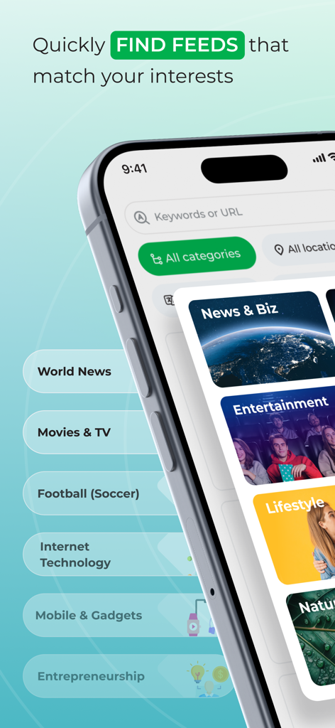follow.it - Écran de smartphone affichant l'interface de l'application follow.it pour trouver et sélectionner des flux d'actualités par catégorie comme Actualités Mondiales et Divertissement.