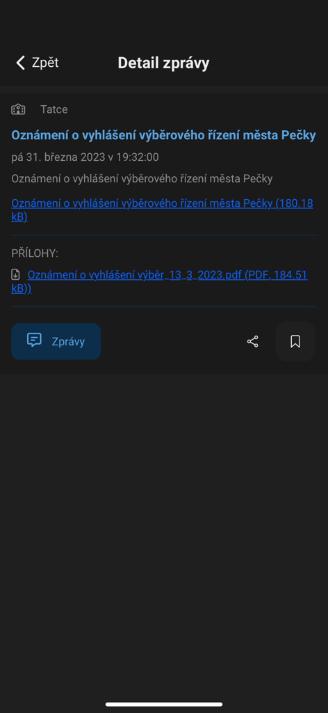 Detail view of a local government announcement in the V OBRAZE app with document attachments