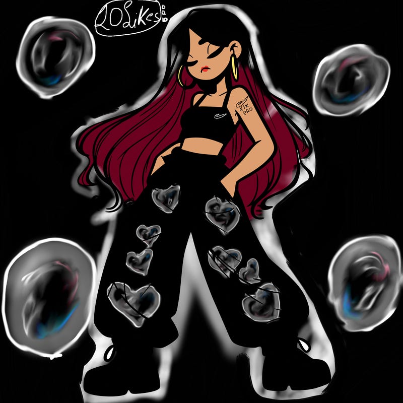 girl in baggy pants crop top and long hair