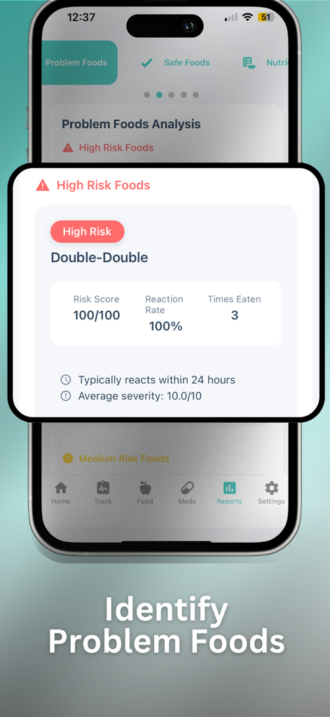 Poop Tracker - FlareCare AI - Pantalla de la aplicación FlareCare AI que analiza alimentos problemáticos de alto riesgo para el manejo de la salud intestinal.