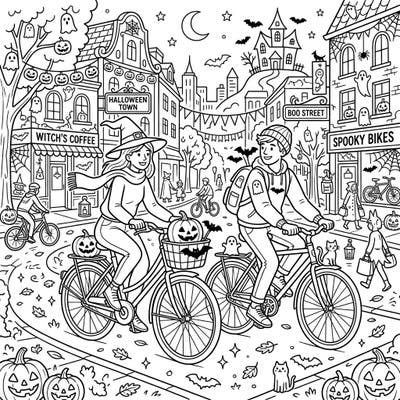 Gear up for a spooky ride with this Halloween urban cyclists coloring page! Immerse yourself in a festive city scene filled with costumed riders, jack-o'-lanterns, and playful ghosts.