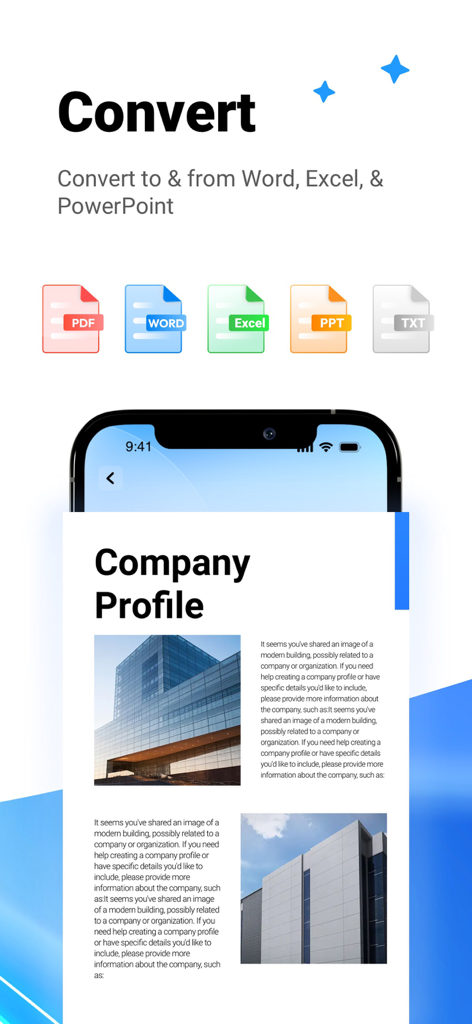 PDF Master: Editor Reader - PDF Master app interface showing conversion options for Word Excel and PowerPoint documents