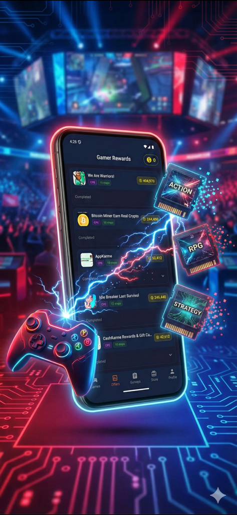 Smartphone che mostra l'interfaccia dell'app Game Rewards con un elenco di offerte di gioco per guadagnare monete e buoni regalo.