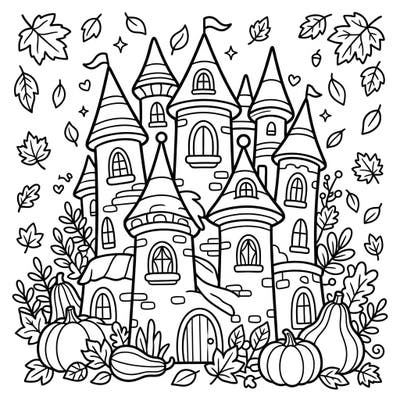 Step into a delightful autumn fairytale with this charming Kawaii castle coloring page, featuring numerous whimsical towers amidst a bounty of fall leaves and plump pumpkins. It's the perfect cozy escape for a creative coloring session.