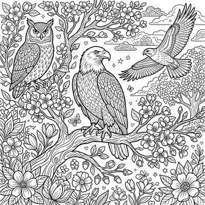 Immerse yourself in the captivating world of raptors with this intricate spring coloring page. Featuring majestic eagles, wise owls, and soaring hawks surrounded by beautiful blooming flowers, it promises hours of creative enjoyment.