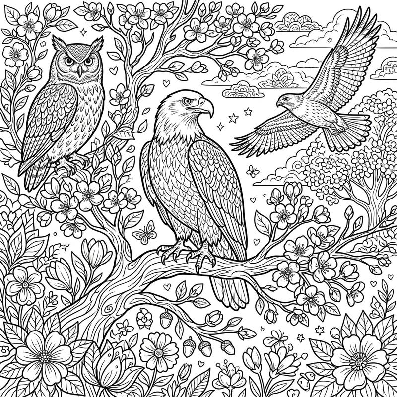 Immerse yourself in the captivating world of raptors with this intricate spring coloring page. Featuring majestic eagles, wise owls, and soaring hawks surrounded by beautiful blooming flowers, it promises hours of creative enjoyment.